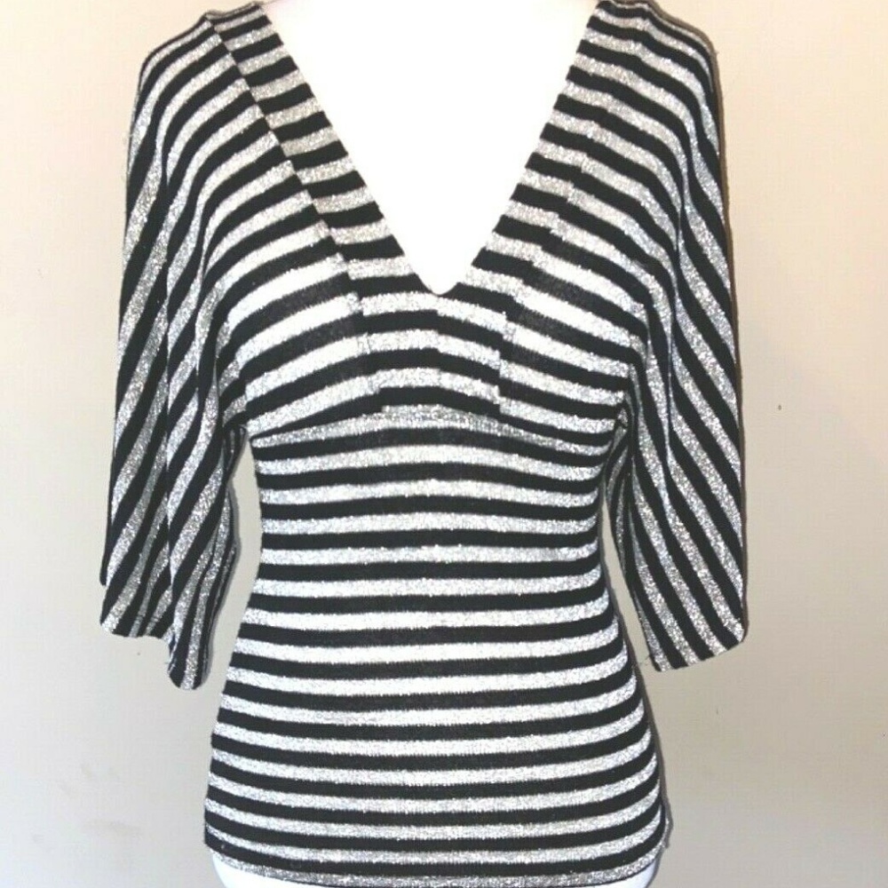 Black Silver Blouse Deep V Neck Shirt Top S
